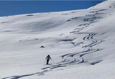 A skier glides through the fresh, untouched snow. The sky is clear and blue, and the mountains create a beautiful backdrop.