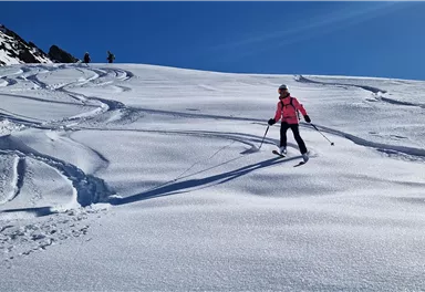 A female skier in a pink outfit glides over the sparkling snow. In the background, other skiers and a clear blue sky are visible.