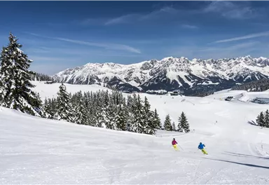 Zwei Skifahrer fahren durch eine schneebedeckte Landschaft. Im Hintergrund sind beeindruckende Berge und eine klare blaue Himmel zu sehen.