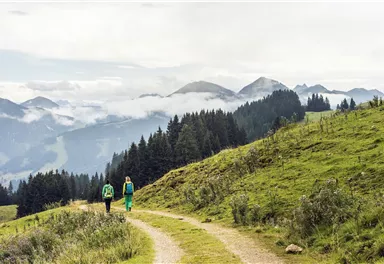 Zwei Wanderer auf einem Weg in den Bergen. Im Hintergrund sind bewaldete Hügel und eine wolkige Himmelslandschaft zu sehen.
