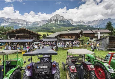 A rural event with tractors in the foreground and festive activities in the background. The mountains are majestically visible in the distance.