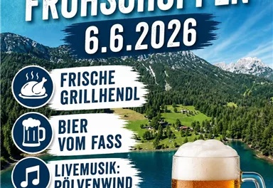 An event poster for the "Sonnenwend" event on June 21 at Hintersteiner See. It features information about live performances by Kenny Baker and Klangwelten.