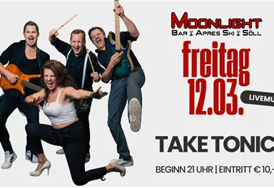 Eine Band namens Offtracks posiert in sportlicher Kleidung. Das Bild bewirbt ein Live-Musik-Event in der Bar Moonlight am Freitag, den 09.01.