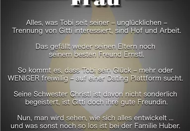 Ein Poster für ein Theaterstück mit dem Titel "Bauer braucht Frau". Es enthält Informationen über die Hauptfigur Tobi und seine Suche nach Liebe nach einer Trennung.