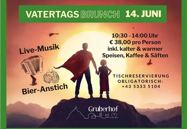 A cheerful Mother's Day brunch poster with colorful flowers and images of musicians. It displays details about the date, time, and price of the event at Gruberhof.