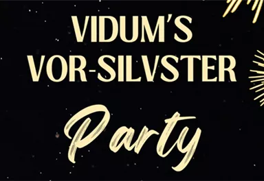 Ein einladendes Party-Design für Vidums Vor-Silvester-Feier. Es zeigt festliche Schriftzüge und Feuerwerksmuster auf schwarzem Hintergrund.