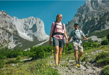 Zwei Personen wandern auf einem Weg in den Bergen. Die Landschaft ist grün mit blühenden Blumen und imposanten Felsformationen im Hintergrund.