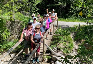 A group of people is crossing a wooden bridge in a green landscape. They are wearing hats and enjoying nature.