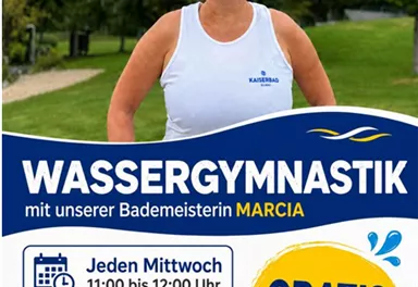 Ein Werbeflyer für Wassergymnastik im Kaiserbad Ellmau. Die Bademeisterin Marcia wird vorgestellt und es sind die Termine für die Kurse aufgeführt.