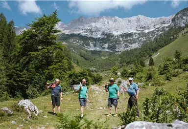 Vier Wanderer auf einem Pfad in den Bergen. Im Hintergrund sind hohe Berge und ein klarer Himmel sichtbar.