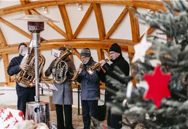 Eine Band spielt Musik in einem festlichen Raum. Im Vordergrund steht ein Weihnachtsbaum mit roten Sternen.