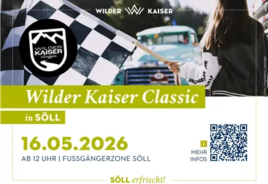 A poster for the Wilder Kaiser Classic in Söll, taking place on May 16, 2026. It features a person with a black-and-white checkered flag and information about the event.