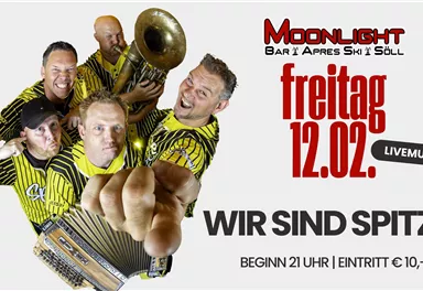 An event announcement for a live music event. Five musicians with different styles and accessories are depicted.