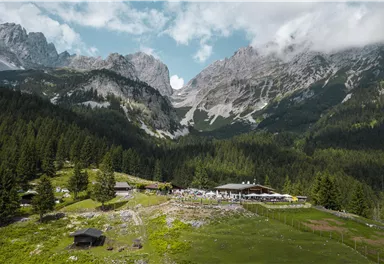 Eine malerische Berglandschaft mit hohen Gipfeln und dichtem Wald. Im Vordergrund ist eine gemütliche Hütte und eine Terrasse mit Gästen zu sehen.