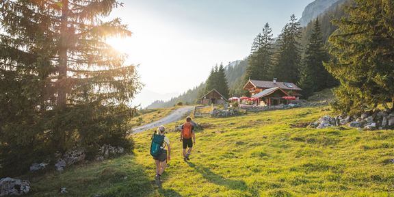Zwei Wanderer gehen auf einem schmalen Weg durch eine grüne Wiese. Im Hintergrund sind Bäume und ein gemütliches Chalet zu sehen, während die Sonne scheint.