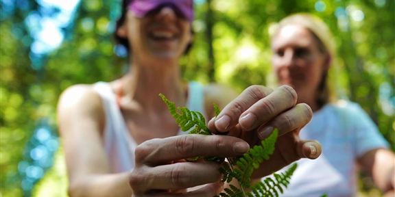 Zwei Frauen in einem Wald, eine trägt eine Augenbinde und hält einen Farn in der Hand. Die andere sieht entspannt zu.