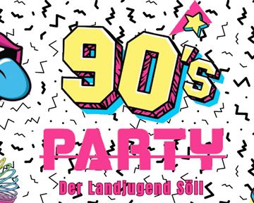 Buntes 90er-Jahre-Partydesign mit Lippen und bunten Mustern. Die Veranstaltung findet am 11. Mai 2024 statt.