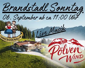 An inviting event poster for Brandstadt Sunday. It features a picturesque mountain landscape with a cozy mountain cabin and information about live music and the event date.