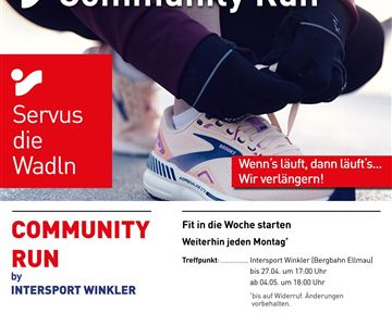 Ein Werbeplakat für den Community Run von Intersport Winkler. Die Veranstaltung findet jeden Montag von November bis März statt und beginnt um 17:00 Uhr.