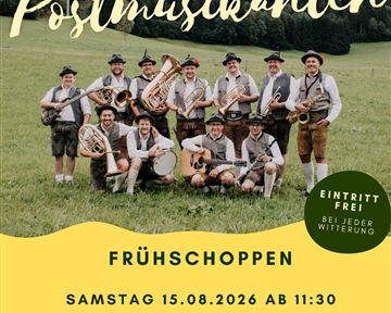 Ein Plakat für die B&B Pension Denggenhof mit Informationen zu einem musikalischen Event. Es zeigt Instrumente und Fotos einer Gruppe in einer ländlichen Umgebung.