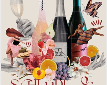 Eine kreative Collage mit Flaschen, Weingläsern und verschiedenen Früchten. Der Text "Schlürf & Schlemmen" betont das Thema Genuss und Wein.