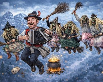 Ein fröhlicher Mann spielt Akkordeon, umgeben von tanzenden Hexen. Im Hintergrund sind Berge und ein Kessel zu sehen.