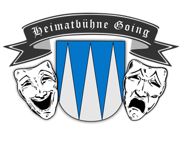 A logo of the Heimatbühne Going featuring two theater masks representing joy and sadness. In the background, there is a coat of arms with blue and white elements.