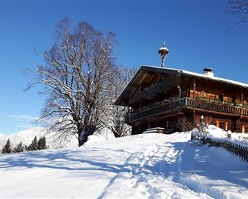 A picturesque house in the snow, surrounded by a tranquil winter landscape. The clear blue sky complements the idyllic scene.