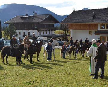 Eine Gruppe von Menschen, die auf Pferden stehen, versammelt sich auf einer Wiese. Im Vordergrund sprechen zwei Personen, während andere zuschauen.