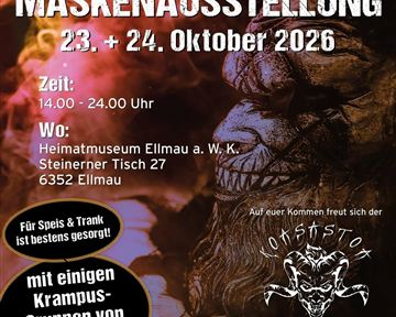 An announcement for a mask exhibition on the 23rd and 24th of October 2026. The event will take place at the Ellmau local museum and promises various Krampus groups from the surrounding area.