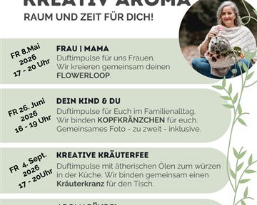 A flyer for workshops at the Heimatmuseum Ellmau on the topic of "Creative Aroma". Various courses are offered that focus on essential oils and their application.