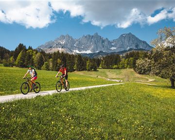 Two cyclists are riding on a narrow path through a green meadow. In the background, impressive mountains and a blue sky with a few clouds can be seen.