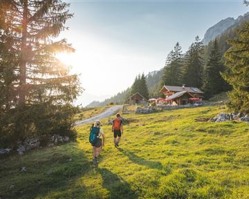 Zwei Wanderer gehen auf einem schmalen Weg durch eine grüne Wiese. Im Hintergrund sind Bäume und ein gemütliches Chalet zu sehen, während die Sonne scheint.