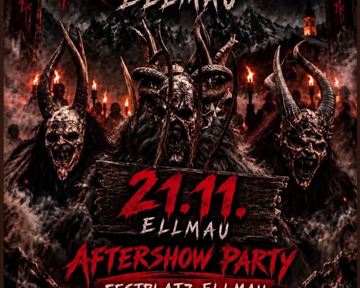 A darkly designed poster for the aftershow party of the show run "Koasastoa Pass" in Ellmau. It features creepy motifs and important information about the event on 21.11.