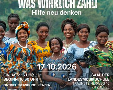A group of women in colorful traditional dresses stands happily together in a green environment. The text on the image announces an event to support TSHUMBE.