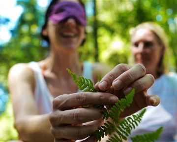 Zwei Frauen in einem Wald, eine trägt eine Augenbinde und hält einen Farn in der Hand. Die andere sieht entspannt zu.