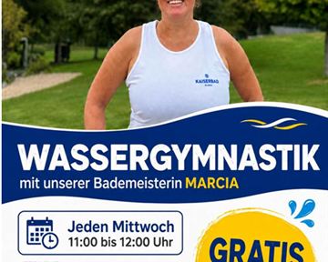 Ein Werbeflyer für Wassergymnastik im Kaiserbad Ellmau. Die Bademeisterin Marcia wird vorgestellt und es sind die Termine für die Kurse aufgeführt.