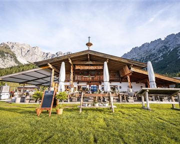 A traditional Alpine house with a spacious terrace and sun umbrellas. In the background, majestic mountains rise under a clear sky.