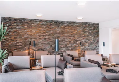 A modern lounge area with comfortable sofas and pleasant lighting. The wall is designed with decorative stones, and some plants add a fresh touch to the space.