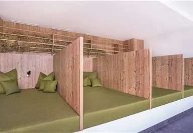 A modern sleeping area with wooden partitions and green mattresses. The environment is designed to be simple and inviting.