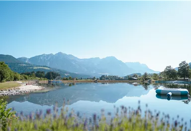 Ein ruhiger See umgeben von Bergen und Bäumen. Der klare Himmel spiegelt sich im Wasser.