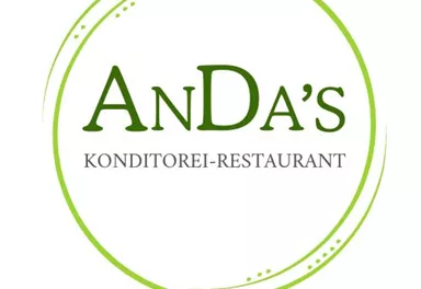 Ein elegantes Logo für ein Konditorei-Restaurant namens "Anda's". Es hat eine grüne Umrandung und zeigt den Namen in stilvoller Schrift.