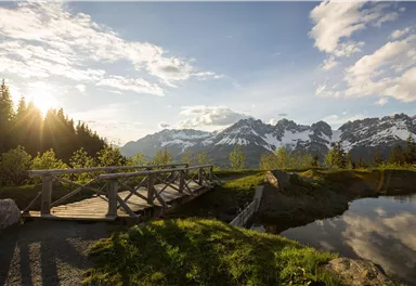 A picturesque landscape with mountains in the background and a gentle bridge over a calm pond. The sun shines through the trees, creating a warm atmosphere.