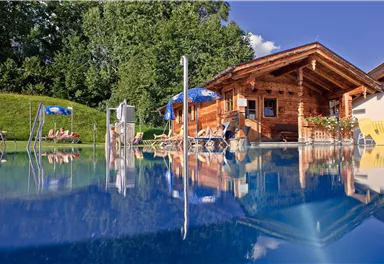 Ein schönes Holzhaus neben einem glitzernden Pool. Umgeben von grünen Bäumen und Liegestühlen lädt die Umgebung zum Entspannen ein.
