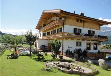 Ein charmantes, zweigeschossiges Haus mit Holzverzierungen und einem großen Garten. Die Umgebung ist grün und sonnig, ideal für Erholung im Freien.