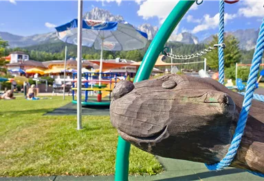 Ein lustiger Holzspielplatz mit einer Schaukel in Tierform. Im Hintergrund sieht man die Berge und farbenfrohe Spielgeräte.