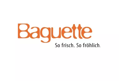 A simple logo for a bakery named "Baguette". The slogan is: "So fresh. So cheerful."