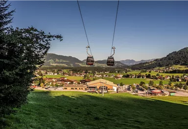 A cable car gliding over a green meadow, overlooking a small village and the surrounding mountains. The sky is clear and blue.