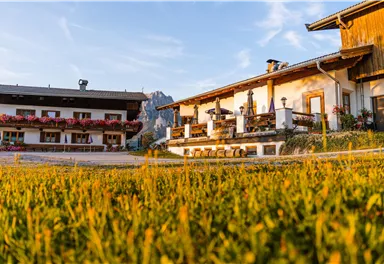 A charming farmhouse with beautiful flower planting is situated in a picturesque landscape. The gentle morning light creates an inviting atmosphere.
