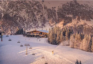 Ein verschneites Bergpanorama mit hohen, schneebedeckten Tannen. Die Sonne geht am Horizont auf und taucht die Szene in warmes Licht.